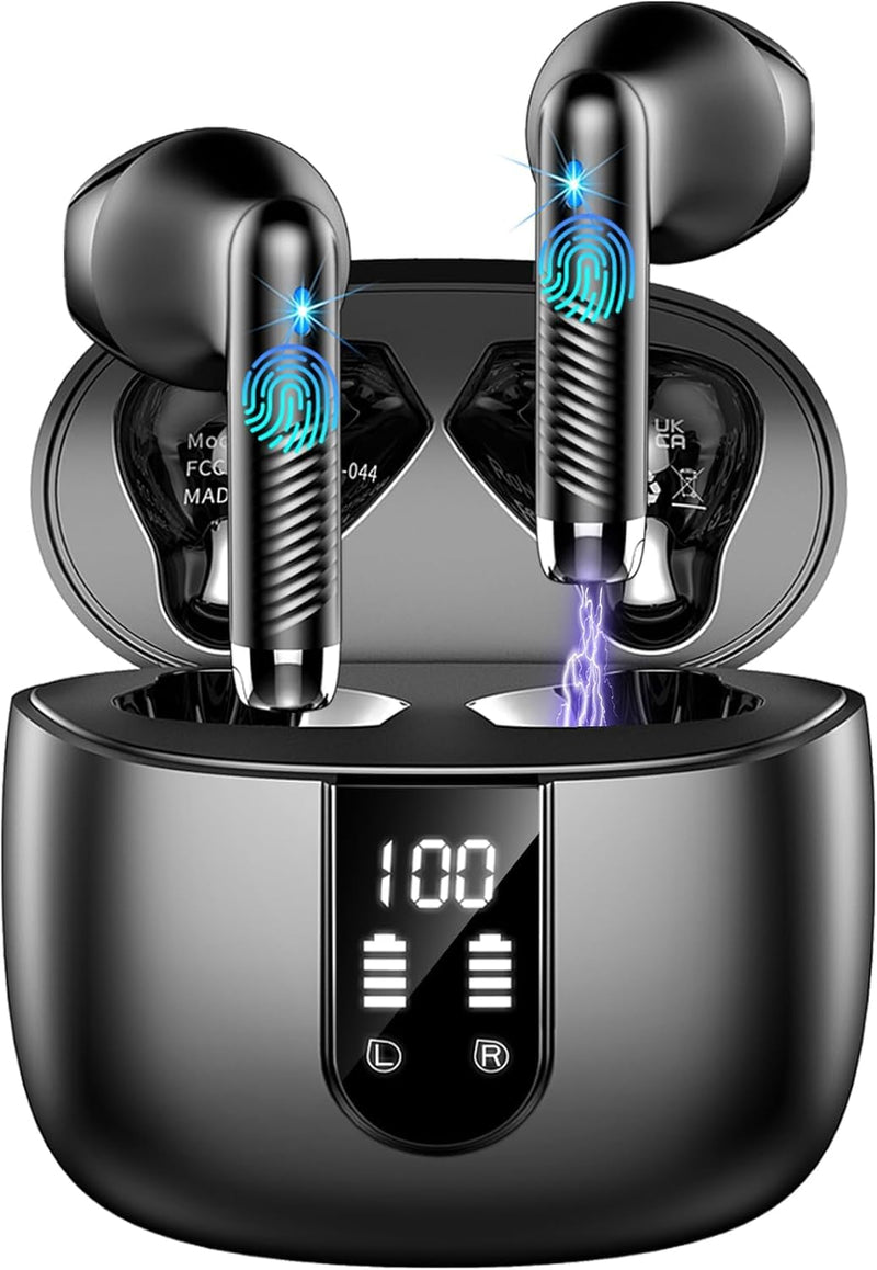 Wireless Earbuds, Bluetooth Headphones V5.4 Stereo Bass Ear Buds with ENC Noise Cancelling Mics,56H Bluetooth Earbuds with LED Display Charging Case, IP7 Waterproof Earphones for Android iOS【Mini】 A-Black