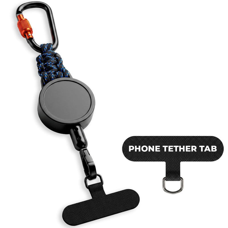 Anti Theft Retractable Steel Phone Lanyard with Carabiner & 360° Tether Tab For Skiing, Hiking, Fishing, Travel. Black