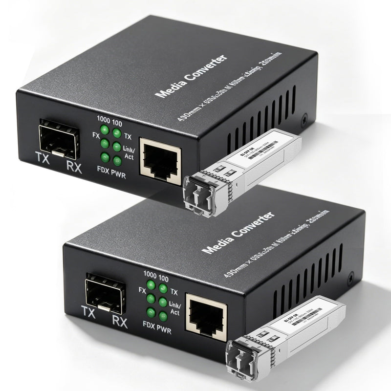 A Pair of Gigabit Fiber Media Converter with 2 Packs Gigabit SFP LC Modules 20KM Single-Mode, 1.25G/s Fiber to Ethernet Converter, Gigabit SFP to RJ45 10/100/1000M, SMF, 1310nm
