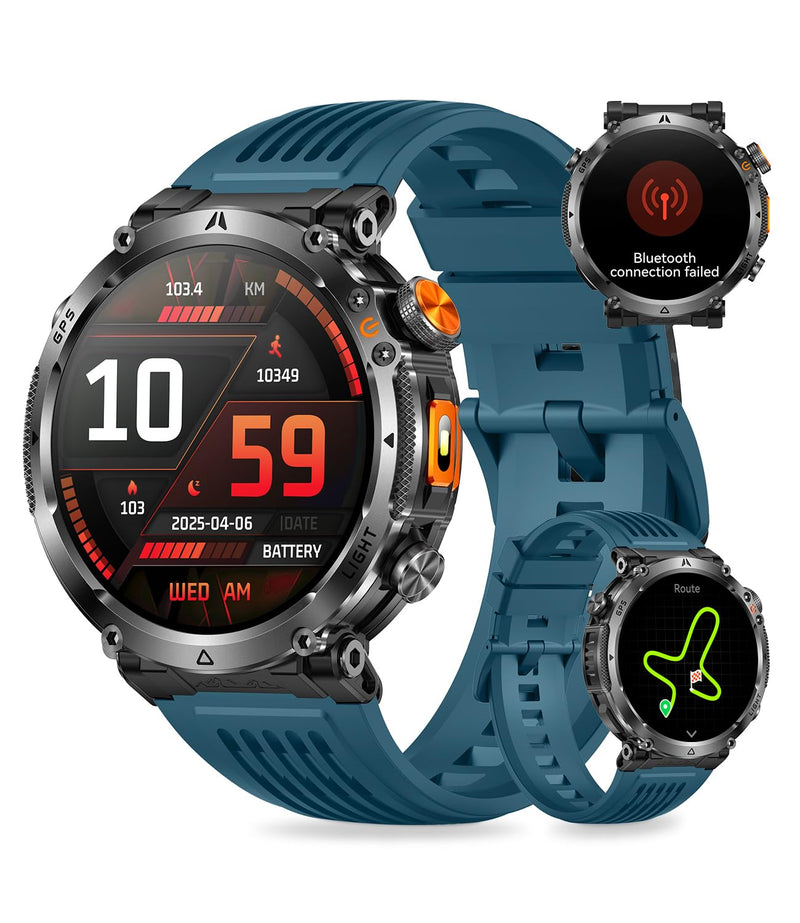 Military Smartwatch for Men with GPS, 850nAh, 1.7-Inch HD Outdoor Watch | 3ATM Waterproof, Answer/Make Call, with LED Flashlight / 100+ Sports Modes / Fitness Tracker, Compatible with Android & iOS Blue tape