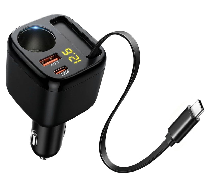 Retractable USB C Car Charger, 215W 4 in 1 Cigarette Lighter Adapter | PD65W Laptop Fast Charging, Socket Splitter with Multi Port, 12V Car Charger Adapter for iPhone 17 Pro Max, MacBook, GPS