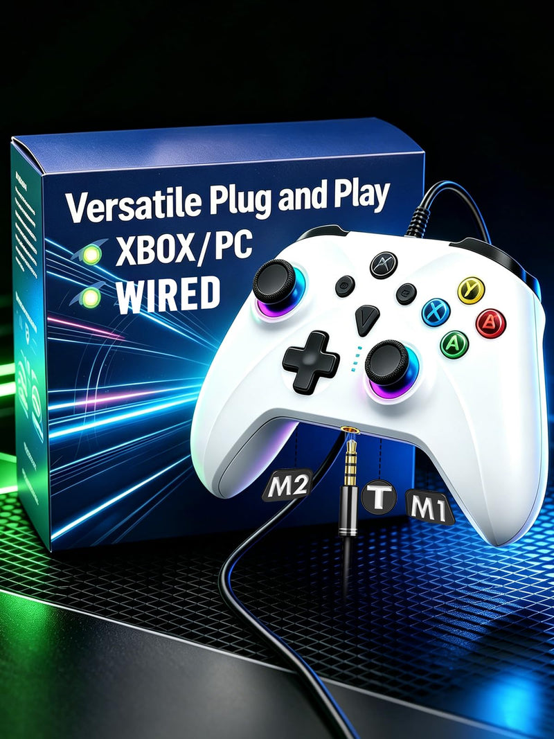 Enstixsm Wired Controller for Xbox,Turbo Macro,RGB Light,Gaming,White | No Drift Joystick,1000Hz Polling Rate,Vibration,3.5mm Audio Jack,Steam Remote Gamepad for Xbox One,Series X,S ,PC,Plug Play White
