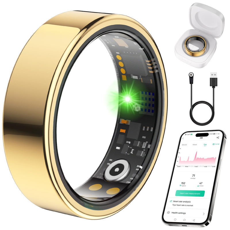 Smart Ring for Women Men, Health Tracker, Fitness Ring (Gold, 8#) | Sleep Monitor, Heart Rate, Blood Oxygen Step Counter, IP68 Waterproof Fit Ring No Subscription, iOS & Android Compatible Gold 8#
