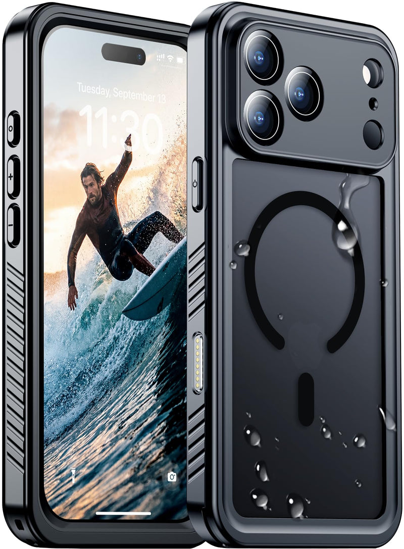 Red2Fire Compatible with iPhone 17 Pro Max Case Waterproof Magnetic Built-in Screen & Camera Protector IP68 Underwater Full Body 17FT Military Dropproof Shockproof Translucent Matte Phone Case for iPhone 17 Pro Max 6.9" Black