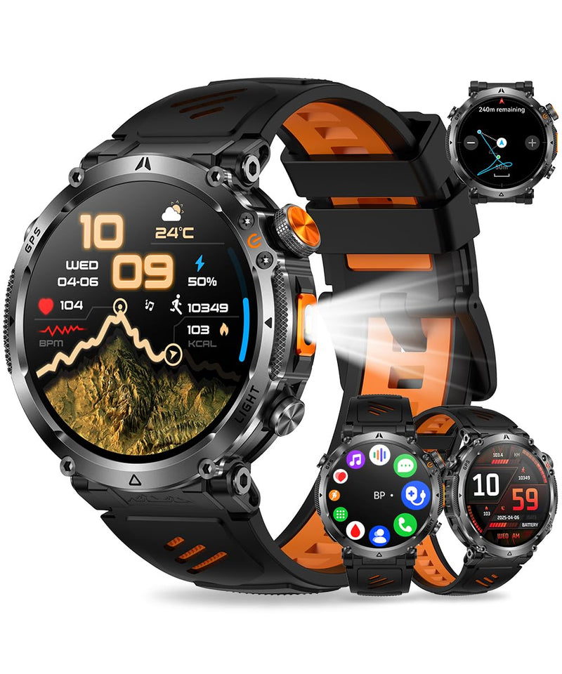 Military Smart Watch for Men, 1.7" HD Rugged Smartwatch with GPS, Bluetooth Call, 100+ Sports Modes, Heart Rate Blood Pressure Sleep Monitor, IP68 Waterproof Fitness Tracker (Black orange Band) Black orange Band
