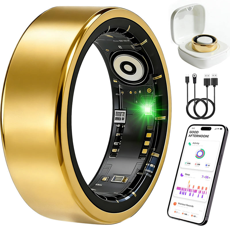Smart Ring Fitness Tracker for Women and Men, Heart Rate Monitor, Sleep and Stress Monitoring, Menstrual Cycle Tracking, Step Counter, IP68 Waterproof, No Subscription, Compatible with iOS and Android Gold 7