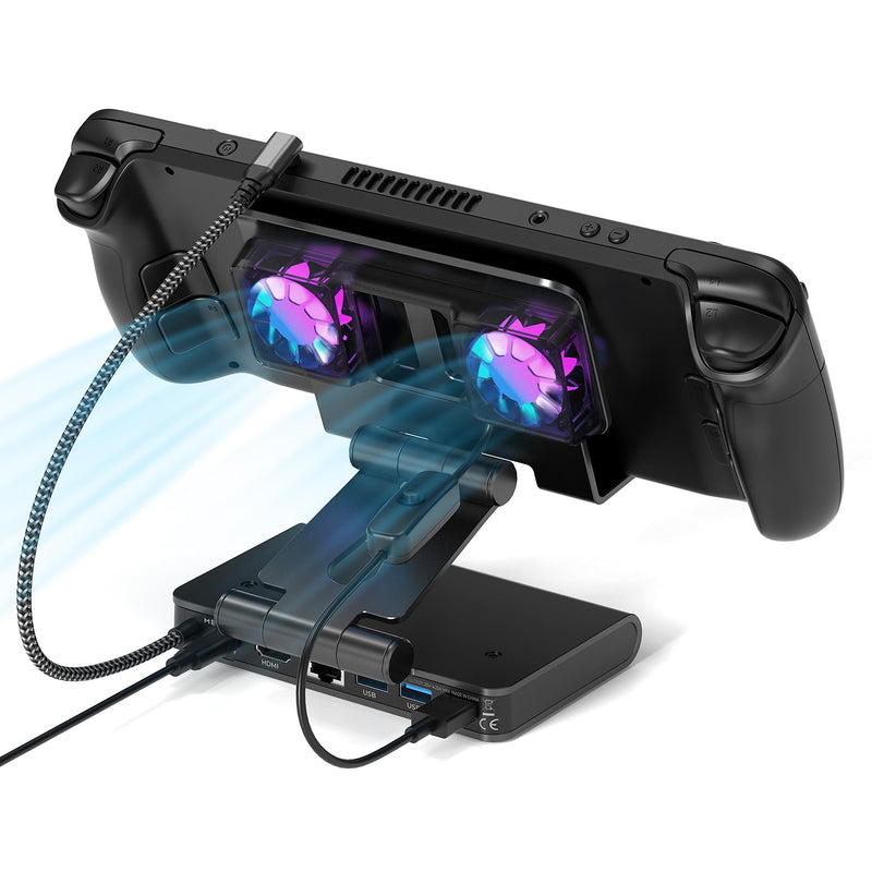 Adjustable Stand Steam Deck Docking Station with RGB Light Cooling Fan | 4K@60Hz, PD100W, Gigabit Ethernet Fit and HDMI for Steam Deck/ROG Ally X/Legion Go (S)/MSI Claw/Switch Non-Detachable Fan