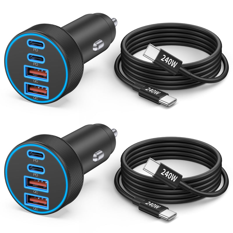 iPhone 17 16 15 Car Charger Fast Charging, 90W 4Port USB C Fast Car Charger | Cigarette Lighter Adapter, with 240W 3FT USB-C Cable, for iPhone 17/17 Pro Max/17e/16/15 Pro Max/Plus, iPad, Android, 2 Pack Matte Black Car Charger x2 + Cablex2