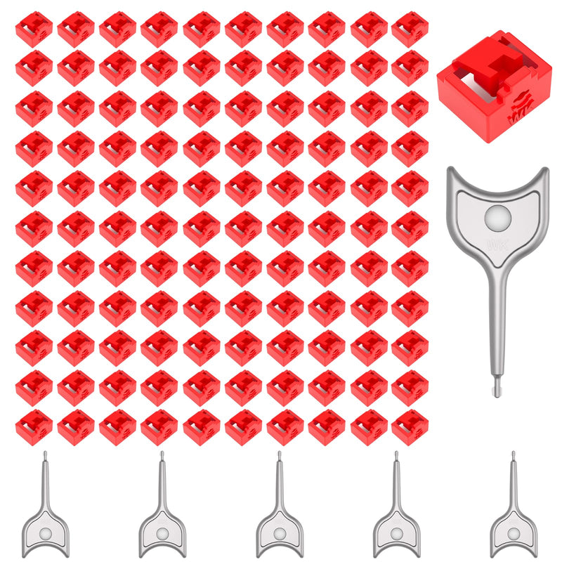 100-Pack RJ45 Port Lock with 5 Keys, Security Network Port Lock & Dust Cover,Female RJ45 Connector Blocker Cap Protector for Computers,Servers, Routers & More (Red) 100+5 Red