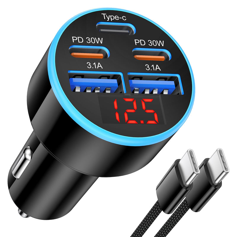 90W 5-Port Cigarette Lighter USB Charger Adapter USB C Fast Charging | Multi-Port USB C Car Charger Adapter with Voltmeter,Car Phone Charger with USB C Cable for iPhone 17 16 15Pro Max,iPad,Galaxy 1 Pack