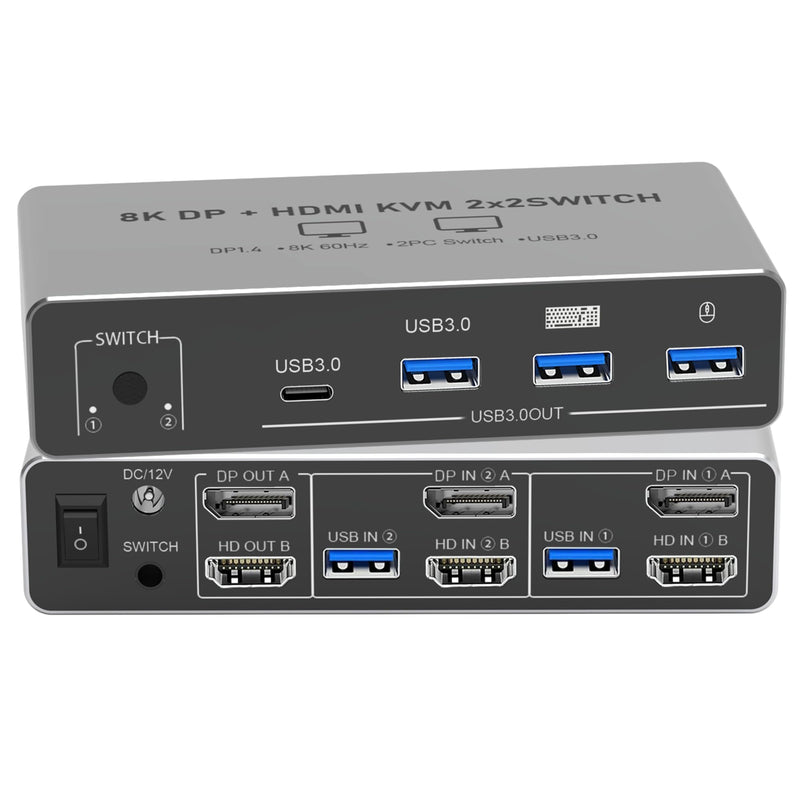 8K HDMI Displayport KVM Switch 2 Monitors 2 Computers | KVM Switcher with 4 USB 3.0 ports Share Keyboard, Mouse & Printer for 2 PC, Compatible with Laptops, Gaming Consoles and More