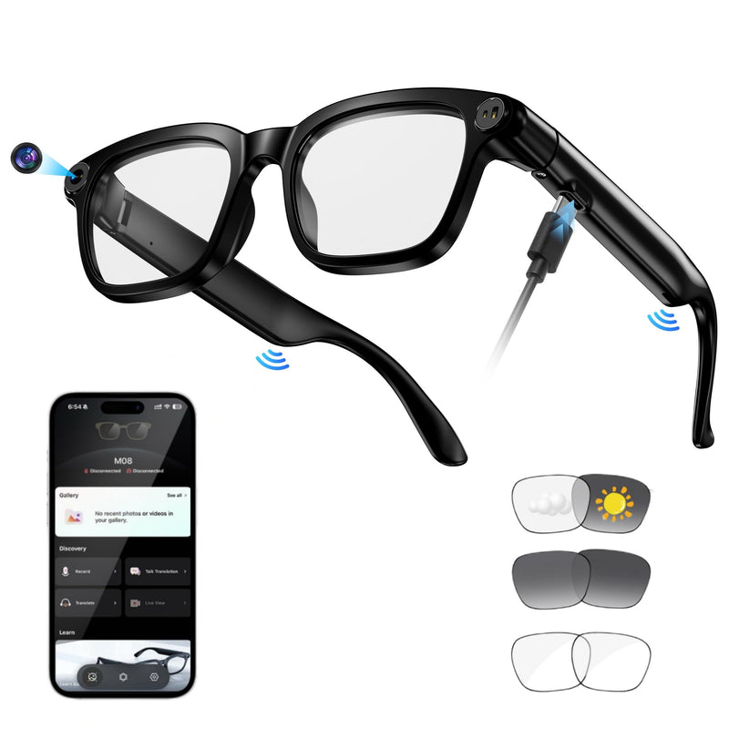 AI Smart Glasses with Camera, 8MP HD Camera Glasses for Women Men, Video Recording Sunglasses with Voice Assistant, Open-Ear Audio, Real-Time Translation for Life &Work Vlog, Black(3 Lenses)