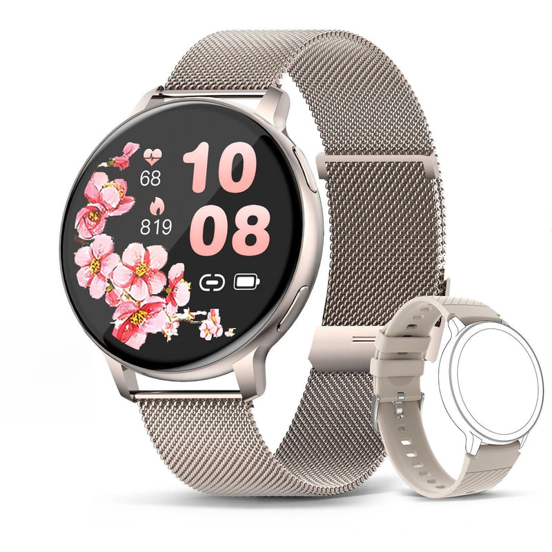 Elegant Women smartwatch with 2 Bands, Bluetooth Calls & Tracking. | Elegant women smartwatch with 2 interchangeable bands. Supports Bluetooth calling, notifications & real-time health tracking.