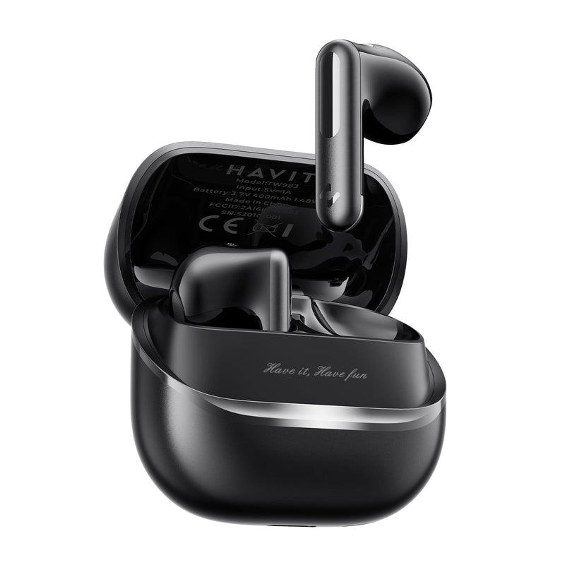 havit Space T1 Wireless Earbuds, Adaptive Hybrid Active Noise Cancelling Bluetooth Earbuds, 6-Mic AI ENC, Head-Tracked Spatial Audio, 40.5H Playtime, Semi-in-Ear Fit, Bluetooth 6.0, IP54, Black