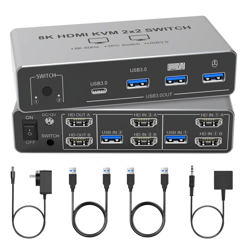 Tendak 8K HDMI KVM Switch 2 Monitors 2 Computers | KVM Switch Shares Keyboard, Mouse & Printer for 2 Computers. Compatible with Laptops, PC, Xbox Series, PS5 / PS4, Projector