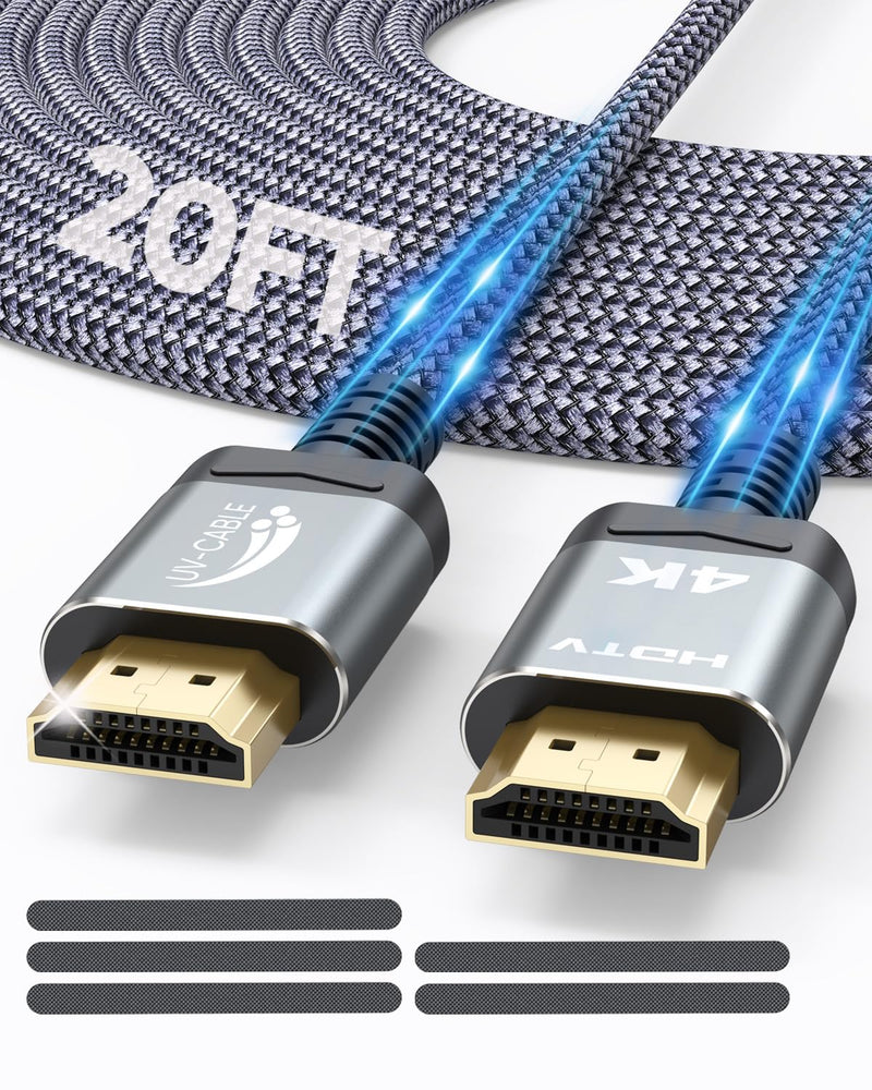 Long HDMI Cables 20 FT, 4K High Speed Slim HDMI 2.0, CL3 In-wall Certified | 4K@60Hz Durable Braided with 3D, HDR, ARC for HDTV, Projector, Monitor, Xbox, Security Camera (Reusable Cable Tie*5) 20FT Grey 1