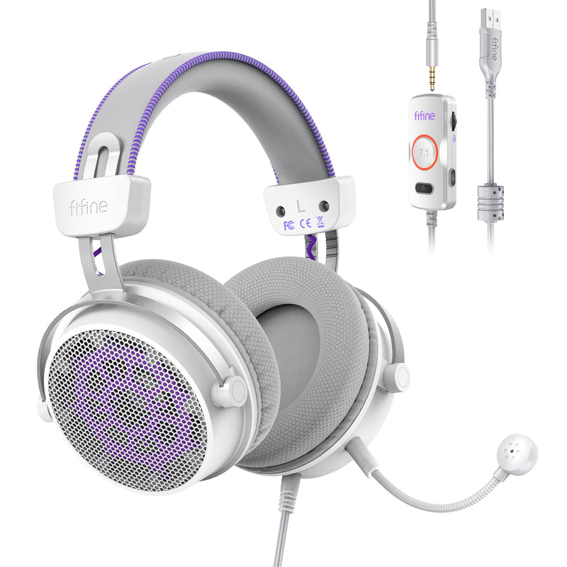 FIFINE H18V LiteWP Wired Open Back Gaming Headset, Expansive Soundstage | 53mm Drivers Bass, 3.5mm/USB Connectivity, Crisp 7.1 Surround, Active Noise Canceling Mic, Spacious Earcups, for PC/Xbox/PS5 White and purple