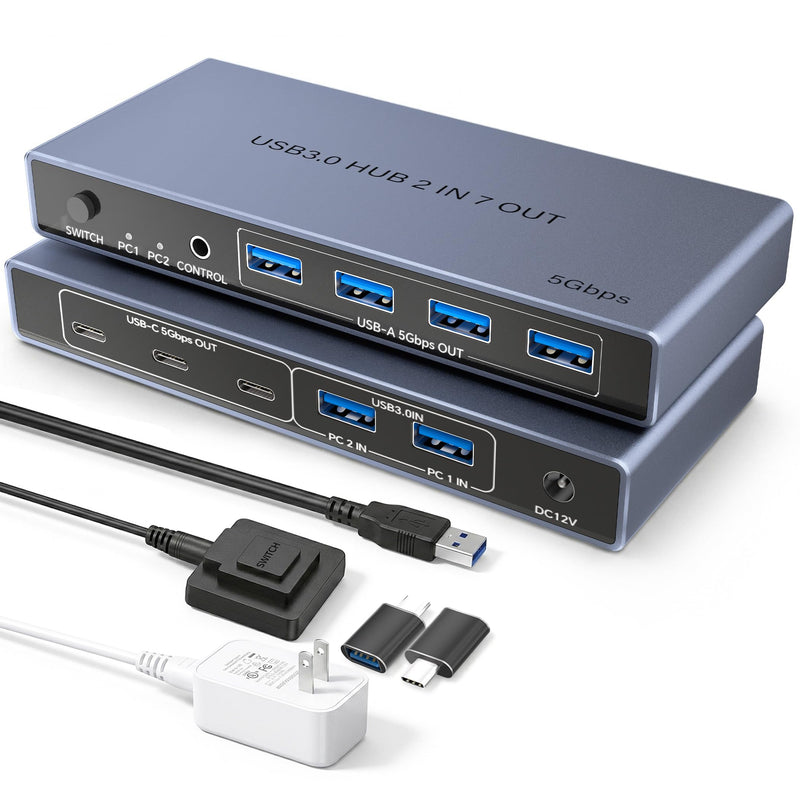USB 3.0 Switch 2 in 7 Out, USB Switcher for 2 Computers Share 4 USB-A + 3 USB-C Devices - 5Gbps USB Switch Hub for Laptop Keyboard Mouse Printer with Controller, USB C Male Adapter, Power Adapter
