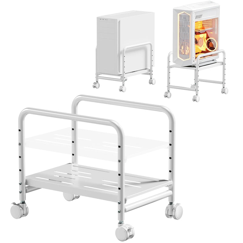 PUTORSEN Computer Tower Stand Under Desk for Most Mid-Tower, White | Height Adjustable PC Stand, Smooth 360° Locking Wheels, Easy to Assemble, Stable, Rolling CPU Holder, Max Load 66 lbs