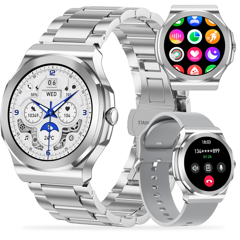Smart Watches for Men Women,Fitness Tracker with Bluetooth Calling | 1.27" HD Screen,Heart Rate/Sleep Monitor/100+ Sport Modes,Stainless Steel & Silicone Band,Compatible with Android & IOS Silver