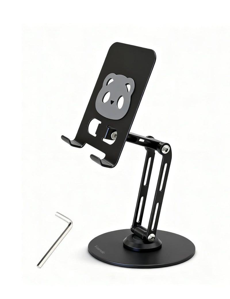All-Metal 360° Rotating Desk Phone Stand for 4-8" Phones & Tablets | Dual-pole adjustable design, carbon steel base, anti-slip silicone pads, case-friendly, scratch resistant, heat dissipation black