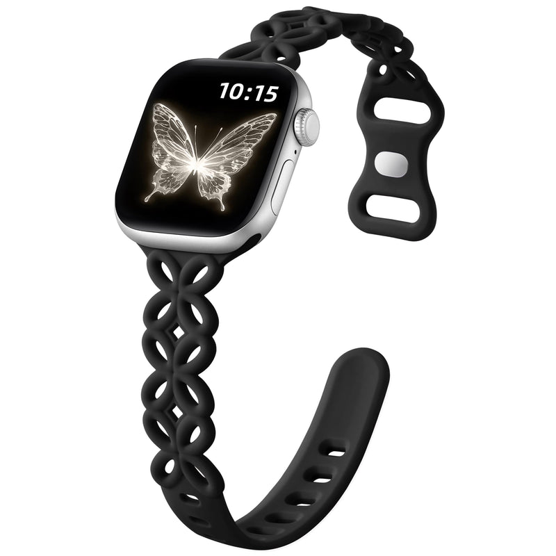 DaQin Slim Silicone Band for Apple Watch Bands for Women 40mm 38mm 41mm 42mm 44mm 45mm 49mm, Cute Thin Braided Floral Hollow-out Breathable Strap for iWatch Series 11 10 9 8 7 6 5 4 3 2 1 SE Ultra Black 38mm/40mm/41mm/42mm(series 11 10)
