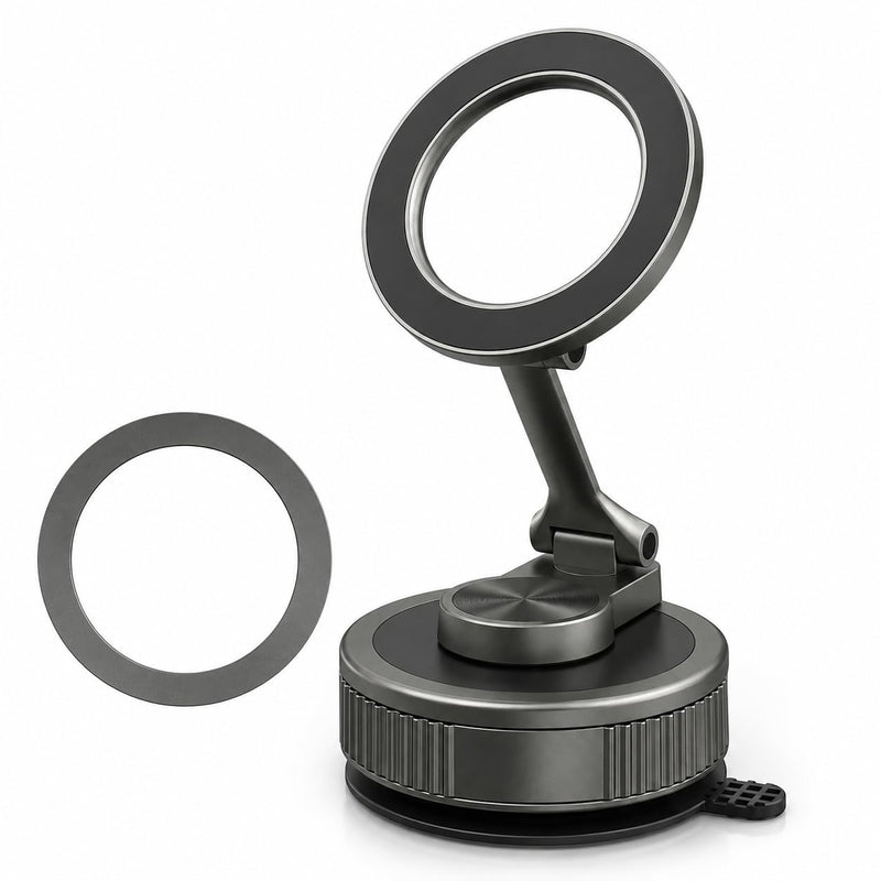 Suction Phone Mount for Car, Twist-Lock, Fold-Flat for MagSafe | Up to 98 lb suction, 2400gf N52 magnetic hold, zinc alloy body, 360° adjustable, folds to 0.75 in, magnetic ring included