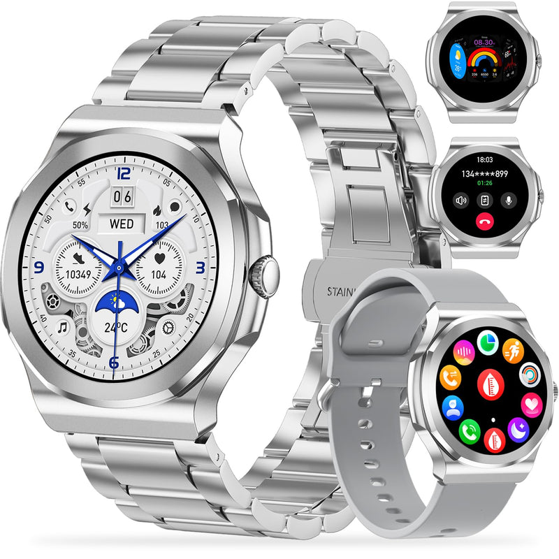 Smart Watch for Men Women, Make/Answer Calls, 1.27 Inch Full Touch Screen | 100+ Sport Modes, IP67 waterproof, health/heart rate/sleep tracking, compatible with Android & iOS, includes 2 straps. White steel belt