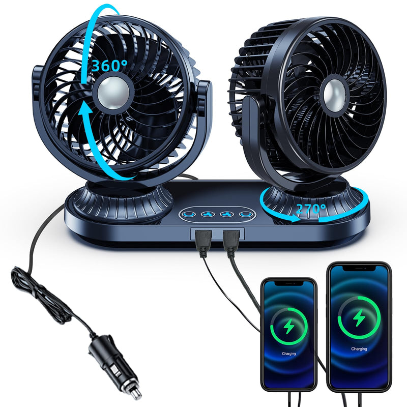Dual Head Car Fan 12v 24 Volt Universal,270°Oscillating Cigarette Lighter Powered Cooling Fan for Vehicles [with 2 USB Charging Ports],360°Rotating Car Fans that Blow Cold Air for SUV Trucks