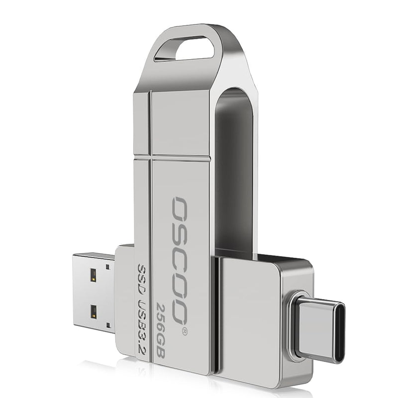 256GB USB SSD Drive, Up to 550MB/s Dual USB-A & C Thumb Drive | Compatible with Android, PC, Mac, iPhone 15/15/16, Backup, Dual-port, Zinc Alloy Housing, Swivel Design 256.0 GB 5Gbps