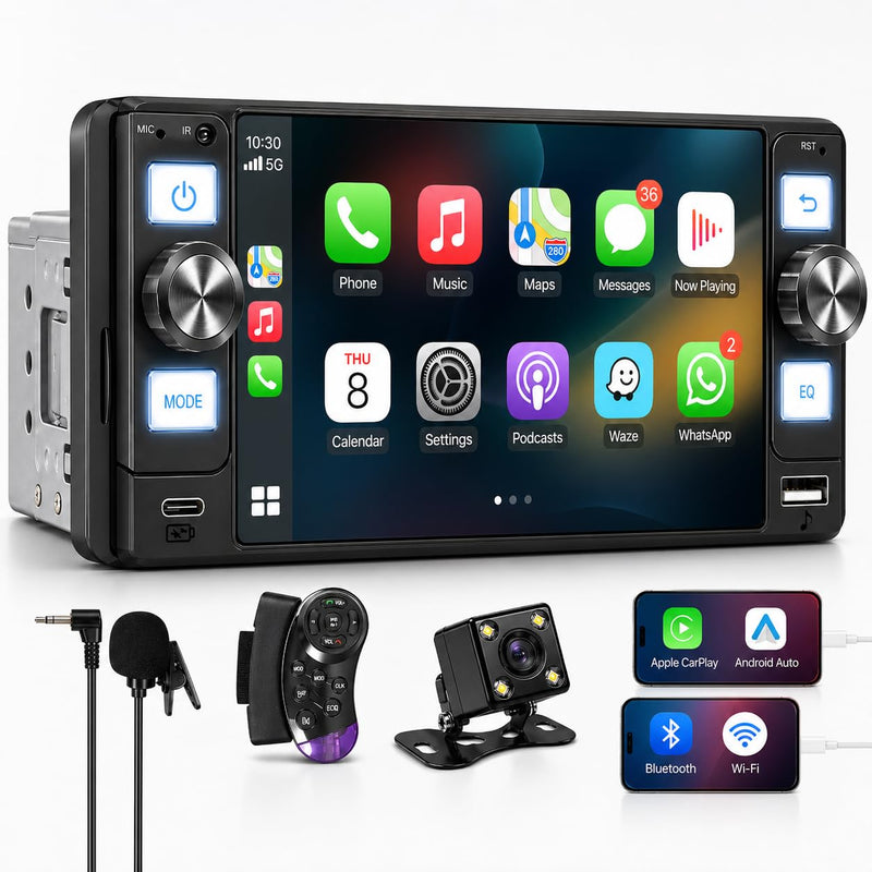 Single Din Car Stereo - Car Radio with Wireless Apple CarPlay Android Auto,HD Touchscreen Radio with Bluetooth 5.2，1080P Backup Camera, Mirror Link,GPS, FM, USB/Type-C Fast Charging, EQ, SWC