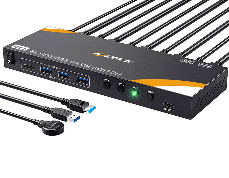 8K KVM Switch 1 Monitor 4 Computers 8K@60Hz 4K@120Hz, HDMI KVM Switch with 3 USB 3.0 Ports for 4 Computers Share 1 Monitor Keyboard Mouse Printer, with 2 USB Cables and Controller black USB+HDMI