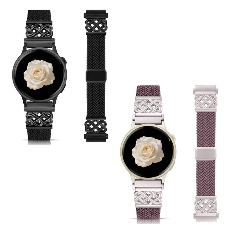 Minyee 2 Packs 20mm Magnetic Braided Nylon Band Compatible with Garmin Vivoactive 6/Vivoactive 5/3/3 Music Elastic Bracelet, Black & & Dusty Lavender/Starlight