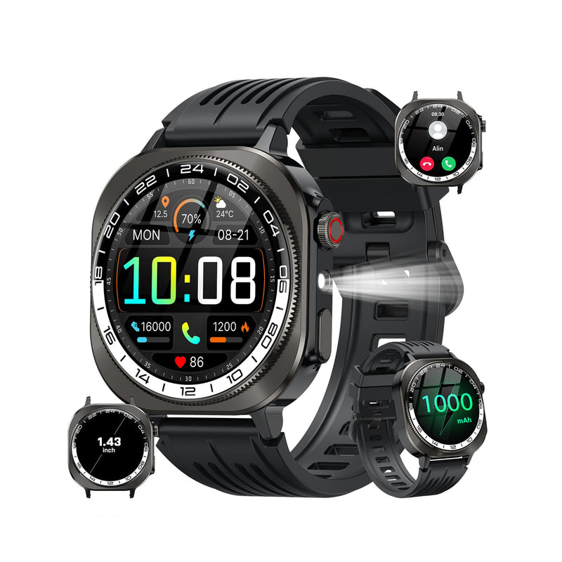 Smart Watch,2026 AMOLED 1.43",Bluetooth 5.4 Calling Smartwatch,1000mAh Battery,96 Days military watches,130+ Sports,Flashlight,Heart Rate,Sleep Monitor,IP68 Waterproof Fitness Tracker,for Android iOS A-Black