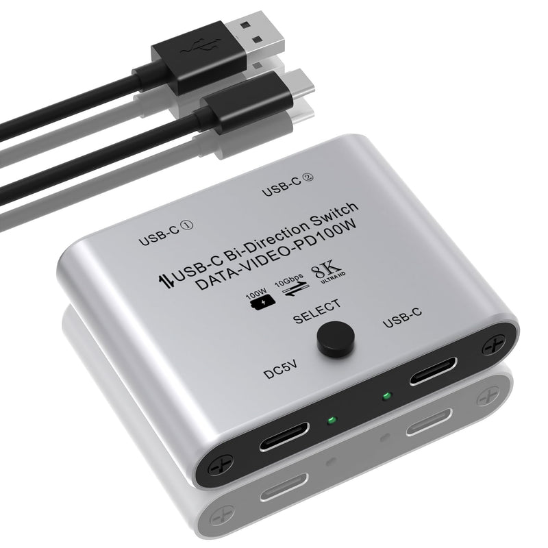 8K USB C Switch, Bi-Directional USB C Switcher for 2 Computers - 8K@60Hz/4K@120Hz Video + 100W PD Charging + 10Gbps Data Transfer, 1 in 2 Out / 2 in 1 Out USB C Splitter Switch with Power Cable