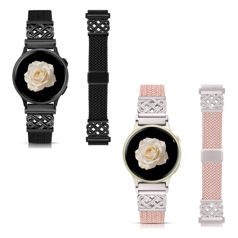 Minyee 2 Packs 20mm Magnetic Braided Nylon Band Compatible with Garmin Vivoactive 6/Vivoactive 5/3/3 Music Elastic Bracelet, Black & Pink
