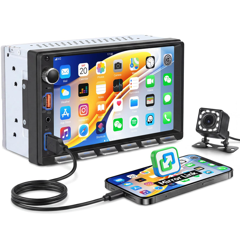 SIXTOP 7 Inch Double Din Car Stereo with Backup Camera Bluetooth 5.0 Hands-Free HD Touch Screen Car Radio MP5 Player Support Mirror Link, FM/Type-C/USB/AUX/SWC Car Audio Receiver P1