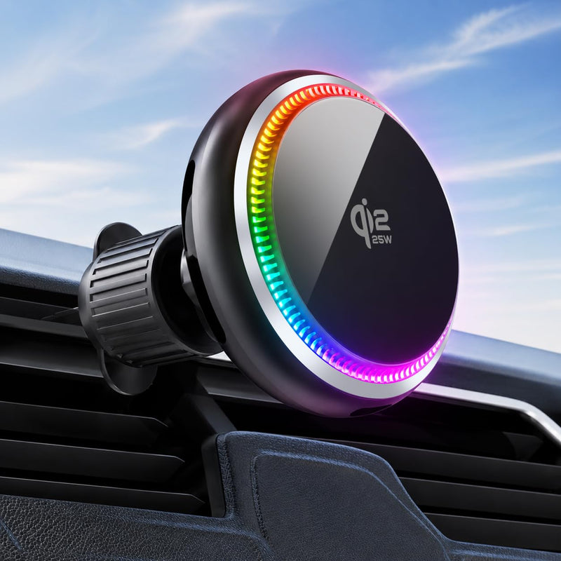 Qi2.2 25W Car Charger Mount Compatible with MagSafe Car Charger | TEC Cooling and 7-Color Fan, Wireless Car Charger Magnetic Phone Holder for iPhone 17/16/15/14/13/12
