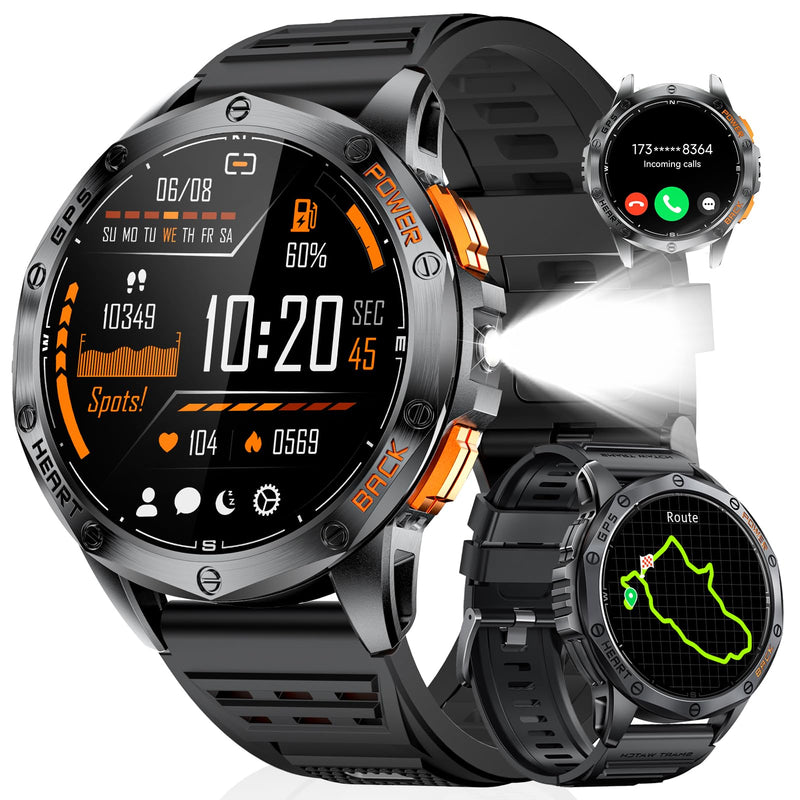 LIGE GPS Smart Watch for Men, 1.43'' AMOLED Always on Display, LED Flashlight/Compass/45 Days Battery/IP68 Waterproof Smartwatch, 100+ Sport Mode, Rugged Smart Watches for Android iOS Black Orange