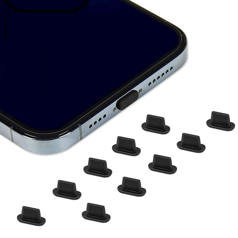PortPlugs Anti Dust Plugs (10 Pack) Flat Design Port Protector Cover - Compatible w/iPhone 14, 13,12,11 & Air Pods - Black