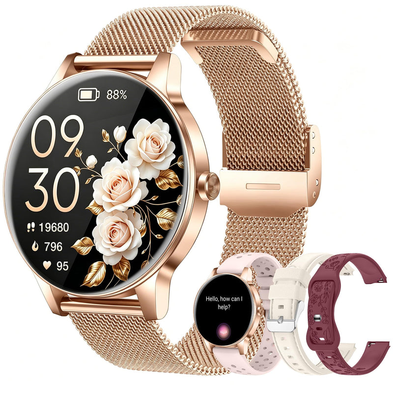 Smart Watch for Women, 1.27"Fitness Tracker with IP68, 4Bands, iOS/Android | Bluetooth Call & Answer, 130+ Sports Modes with Heart Rate/Sleep Monitor, Round Rose Gold Watch for Gift