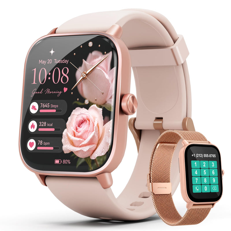 Pink Smart Watch for Women Android & iPhone, 1.83" HD Touchscreen, 24/7 Heart Rate, Sleep & Fitness Tracker, Answer/Make Calls/100+ Sports Modes/Message Reminder, IP68 Waterproof, Pedometer, 2 Bands Pink