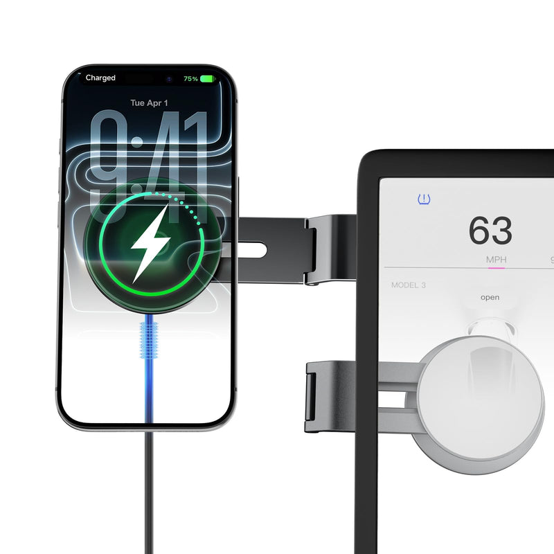 15W Charging Phone Mount for Tesla Model 3/Y, Magnetic Car Metal Holder | 360° Rotatable【Foldable & Extendable Hidden Design】 Tesla Screen Stand for 3/Y/Juniper/Cybertruck Accessories Wireless Charging