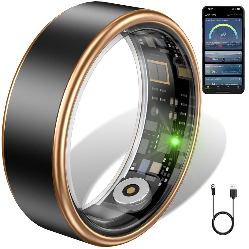 Smart Ring for Women & Men - IP68 Waterproof Fitness Tracker with Long Lasting Batteries, 28-Language App, Sleep/Step/Heart Rate Monitor, Compatible with iOS & Android (R13, Black, 8)