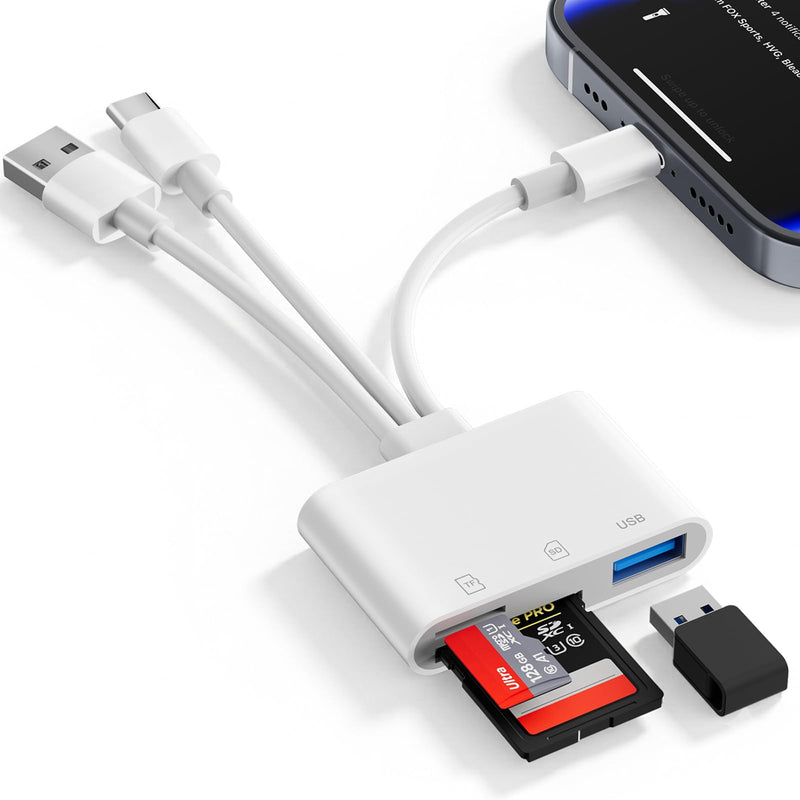 SD Card Reader for iPhone iPad Mac, 3 in 1 Memory SD Card Adapter, USB C & Lightning & USB-A Digital Camera Adapter to iPhone with SD/MicroSD/USB OTG Slots, High-Speed Plug & Play for Computer Laptop