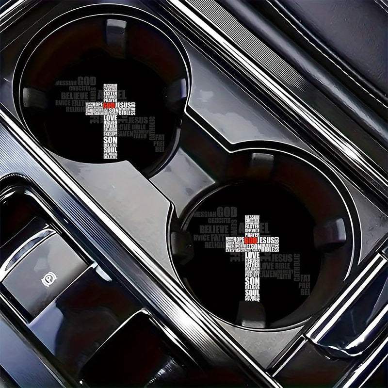 2pcs Cross Text Car Coasters Vintage Pattern Cup Holder Mat Vehicle | 2-piece set; designed to protect cup holders from dust and spills; fits cars, trucks and home or office cup holders. Cross Letter
