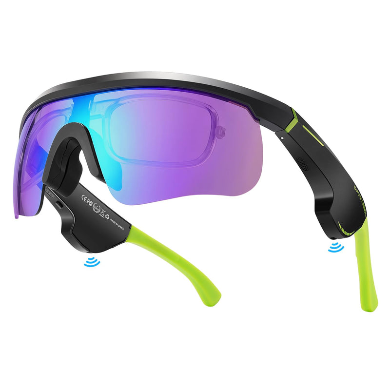 King Will Bluetooth Audio Glasses with Enhanced Microphone Silicone Sleeve, Lightweight Open Ear Safety Sport Sunglasses for Cycling, 8H Playtime, Water-Resistant & UV Protection, Black & Green