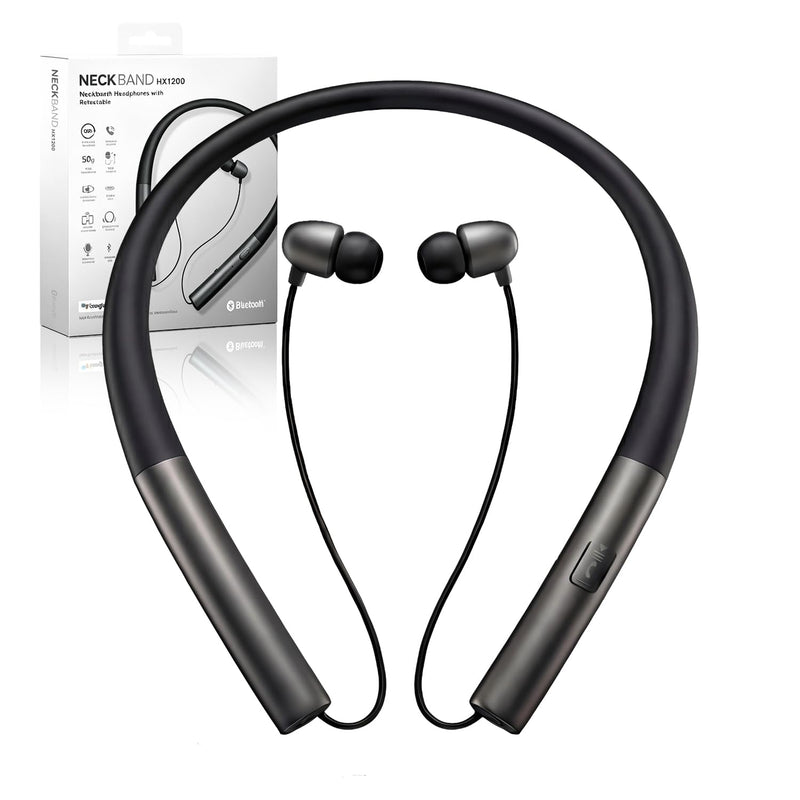 Neckband Bluetooth Headphones, Retractable Headphone & IPX5 Sweatproof, Neckband Headphones Vibration Alert Calls with Stereo Noise Cancelling for Sports/Business Onyx Black