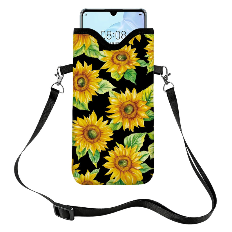 GLOBLELAND Sunflowers Cell Phone Sleeve Pouch Case Bag 7.1×3.9 inch Flowers Shockproof Universal Phone Bag with Crossbody Strap Neck Lanyard for Women Men Phone Headphones Watch