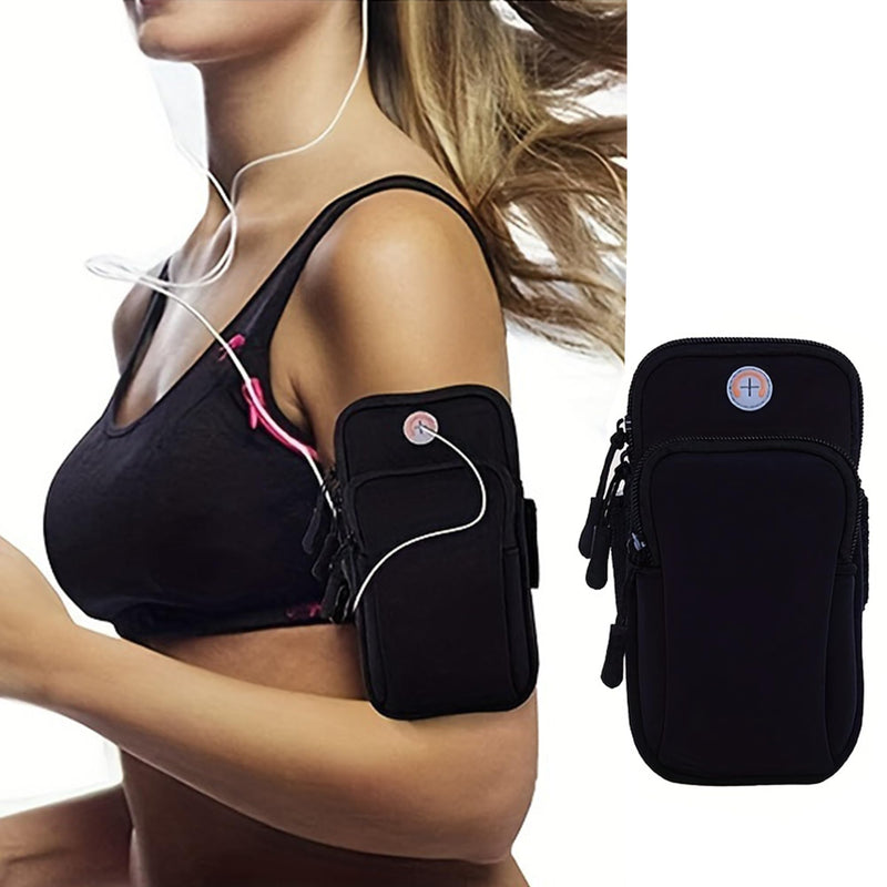 Phone Armband Waterproof Zip Pocket Adjustable Strap Headphone Port Fits iPhone 17-7 Plus Galaxy S26-S24 for Jogging Gym, Black